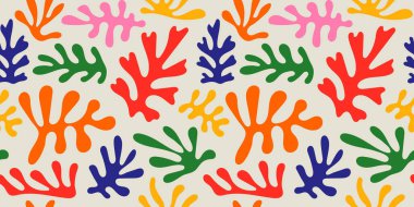 Soyut yaprak kesimi, kusursuz desenler oluşturur. Rengarenk el yazması arka plan tasarımını terk ediyor. Matisse dekorasyon duvar kağıdı, çocuksu doğa sembolleri.