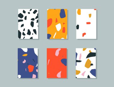 Terrazzo desenli poster şablonu. İzole mermer sancak paketi - minimalist tarzda yaratıcı renkli kapak koleksiyonu.