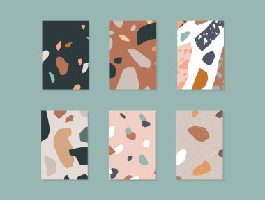 Terrazzo desenli poster şablonu. İzole mermer sancak paketi - minimalist tarzda yaratıcı renkli kapak koleksiyonu.