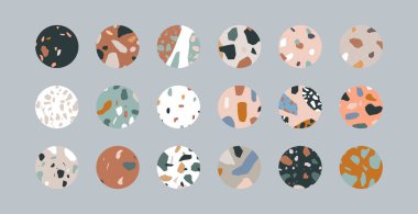 Sosyal medya hikaye vurgusu ya da blog yazısı sembolü için Terrazzo dokusu ikonu yakalayan moda göz alıcı seti. Büyük, izole hikayeler. Minimalist tarzda farklı taş mermer mozaik..