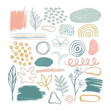 Minimalist soyut sanat koleksiyonu şekillendirir. Pastel renkli karalama demeti moda tasarımı, yaz sezonu veya doğal konsept için. Modern el çizimi bitki yaprağı ve çiçek şekilli dekorasyon seti.