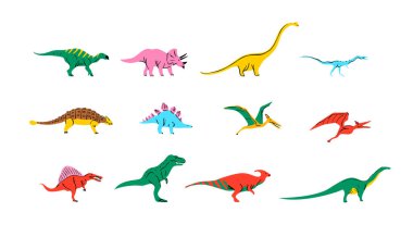 İzole edilmiş arka planda büyük renkli dinozor karalama çizimleri. Eğitici kavram ya da çocuk tasarımı için 90 'ların modası geçmiş dinozorlar koleksiyonu. T-rex, triceratops, pterodactyl içerir..
