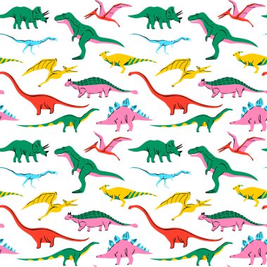 Retro dinozor karalaması kusursuz desen çizimi. Eğitim konsepti ya da çocuk oyuncağı baskısı için 90 'ların renkli dinozorları. T-rex, triceratops, pterodactyl ve daha fazla hayvan..