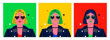 Pop sanatçısı kadın portresi çizimi. Deri ceketli, kalp şeklinde güneş gözlüklü, 90 'ların düz çizgi film tarzında havalı bir kız.. 