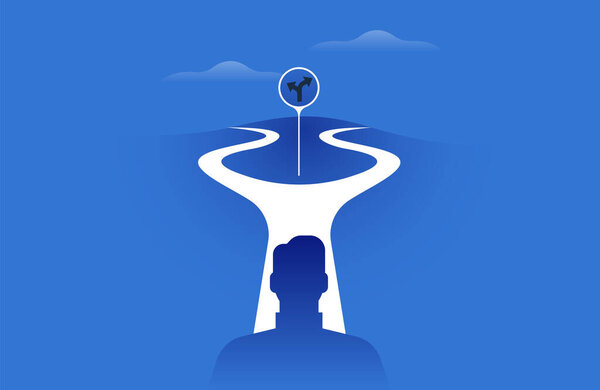 Человек, стоящий на перекрестке улиц, современная плоская градиентная иллюстрация психологического руководства или концепции карьерного пути. Потерянный человек застрял между двумя решениями, бизнес-возможностью или идеей выбора жизни.