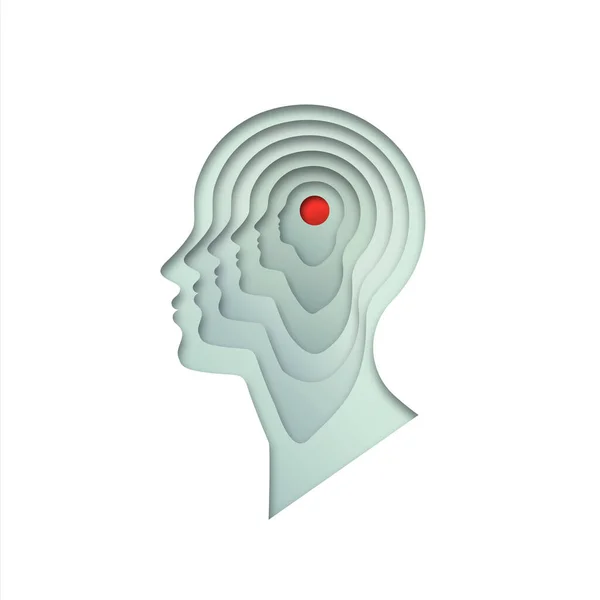 現実的な紙は 頭痛の概念 片頭痛や神経学的問題のための赤い円のカットで白い色で人間の頭をカット — ストックベクタ