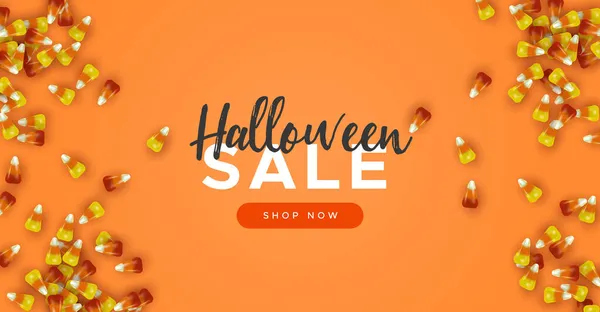 Modelo Banner Venda Halloween Com Colorido Milho Doce Fundo Cor — Vetor de Stock