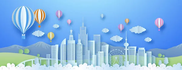 Modern mimari gökdelen kulesi ve renkli sıcak hava balonları ile büyük kağıt kesim şehir panorama illüstrasyonu. Şehir merkezinde güneşli bir gün manzarası. Üç boyutlu kağıt kesimi sanat tarzı..