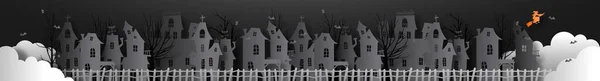 Papier Effrayant Coupé Village Maison Hantée Effrayant Bâtiments Gothiques Abandonnés — Image vectorielle
