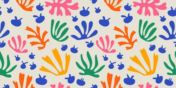 Soyut yaprak kesimi, kusursuz desenler oluşturur. Rengarenk el yazması arka plan tasarımını terk ediyor. Matisse dekorasyon duvar kağıdı, çocuksu doğa sembolleri.