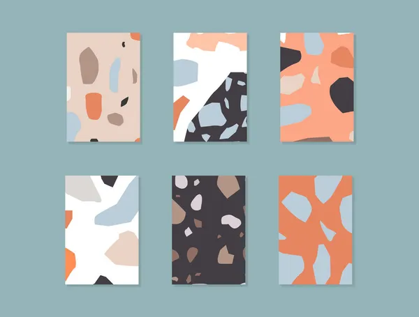 Terrazzo desenli poster şablonu. İzole mermer sancak paketi - minimalist tarzda yaratıcı renkli kapak koleksiyonu.