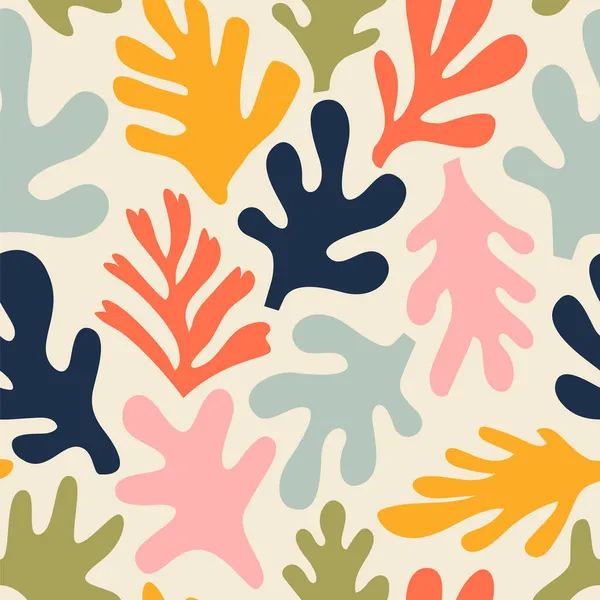 Soyut yaprak kesimi, kusursuz desenler oluşturur. Rengarenk el yazması arka plan tasarımını terk ediyor. Matisse dekorasyon duvar kağıdı, çocuksu doğa sembolleri.