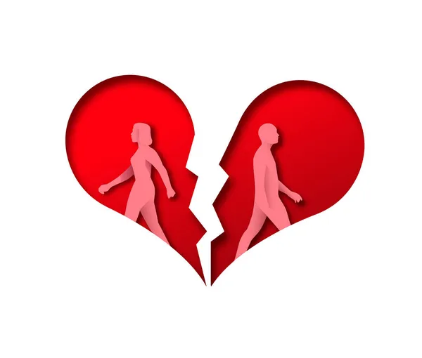 Erkek Kadın Çift Ayrılıyor Boyutlu Kağıt Kırık Bir Kalbin Içinden — Stok Vektör