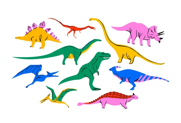 Big Set Colorful Dinosaur Doodle Illustration Isolated Background Trendy 90S — Stock Vector