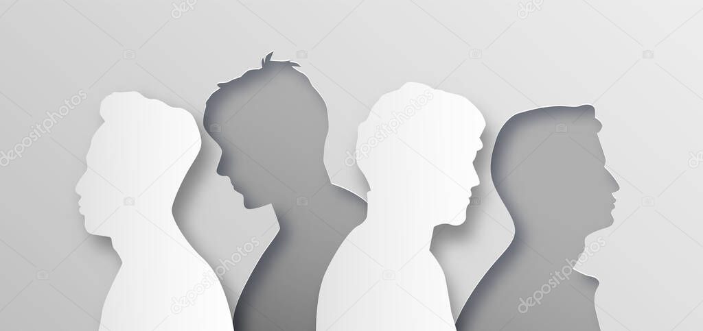 Men people group illustration in abstract layered paper cut style. All male team for men's issues or man psychology concept. Modern papercut design of boy crowd from side profile view.