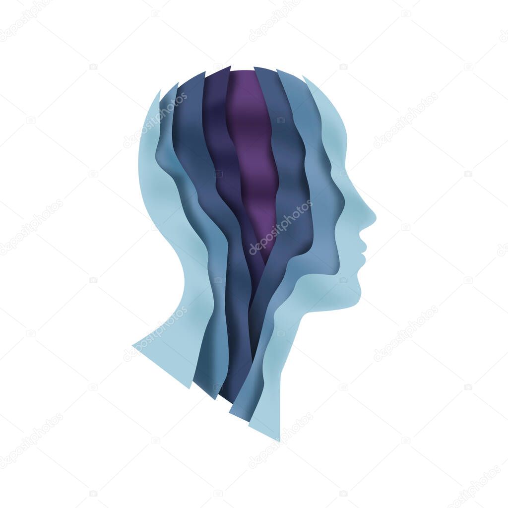 Paper cut man head illustration on isolated white background. Colorful unisex person face profile with layered 3D papercut waves for psychology therapy, creative mind or social business concept. 