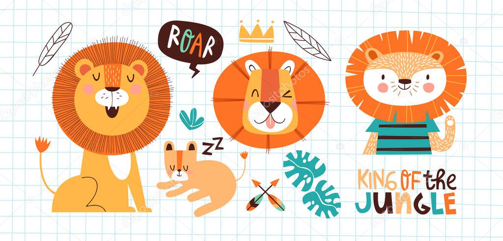 Cute little lion doodle illustration set of funny safari animals on isolated background. Sweet jungle lions sticker collection for baby design or children decoration.