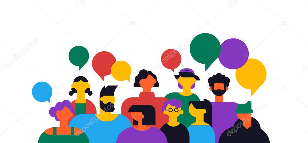 Diverse young people group on isolated background with copy space. Modern people team, teenager students or business workers in flat cartoon style.