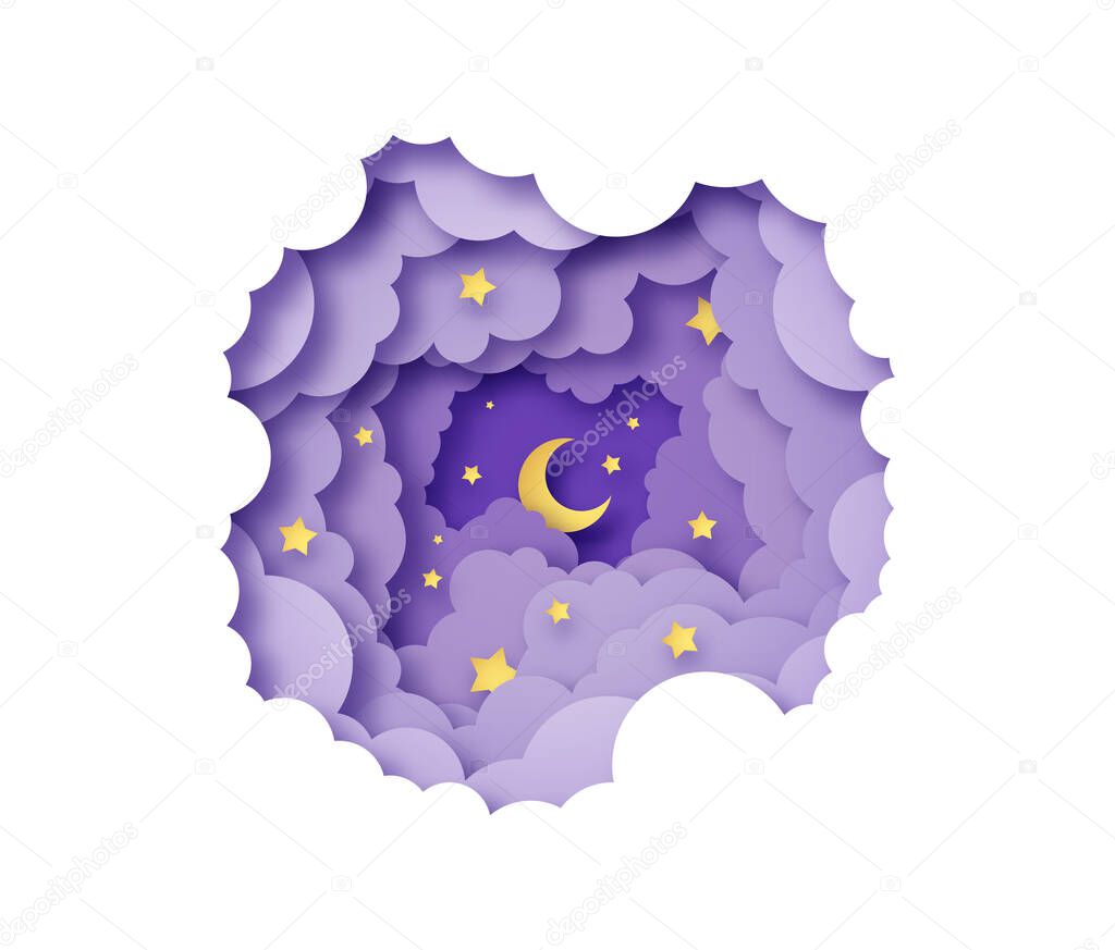 Realistic 3d papercut night sky view on isolated white background. Modern paper craft art scene of moon and stars in clouds. Children nursery or sleep dream concept. 