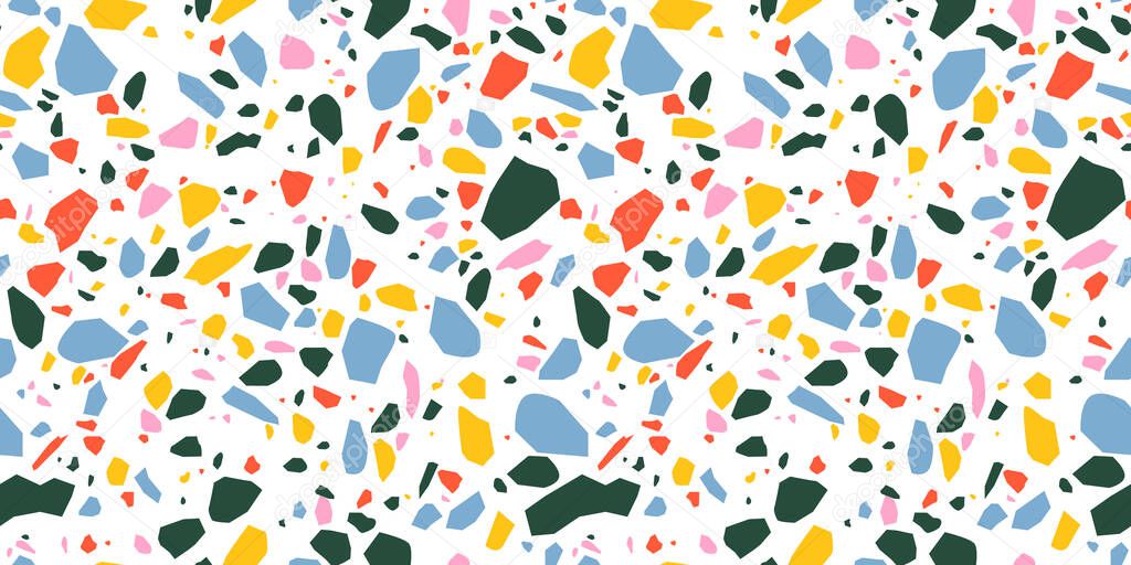 Terrazzo seamless pattern in bright primary colors with abstract mosaic stone shapes. Retro terrazo minimalist art background ideal for print, fashion or trendy design project.