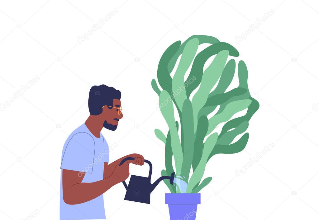 Young man watering garden plant for mental health therapy or personal growth concept. Modern flat cartoon illustration of psychology metaphor.