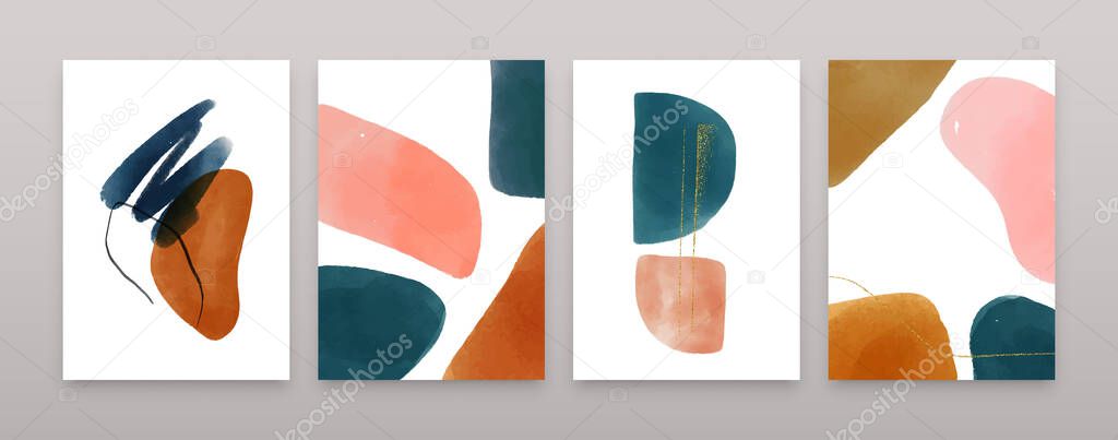 Organic watercolor shapes composition set. Abstract minimalist banner collection, trendy glitter decoration and paint texture doodles in soft earth tones. Fashion brochure, copy space poster bundle.