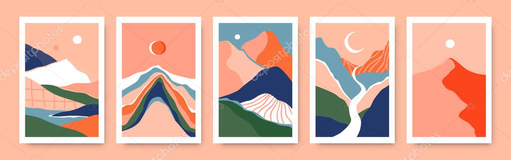 Trendy mountain landscape banner set, cool aesthetic horizon scenery view. Isolated hill environment brochure collection, nature illustration poster bundle with sun and moon. 