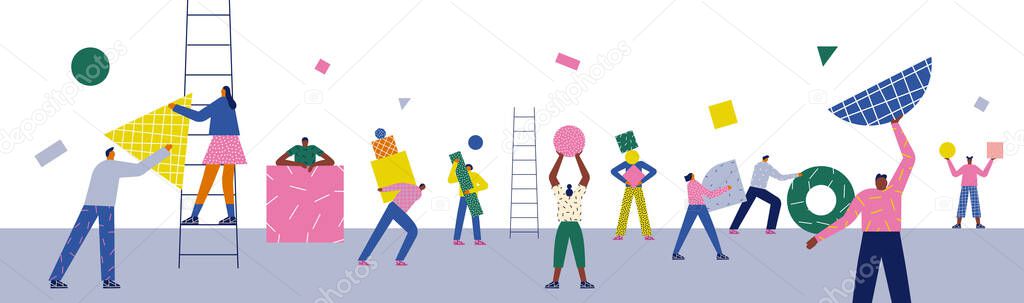 Diverse people working together with colorful geometric shapes in empty copy space office background. Modern flat cartoon style concept for analytics organization, business teamwork or social event.