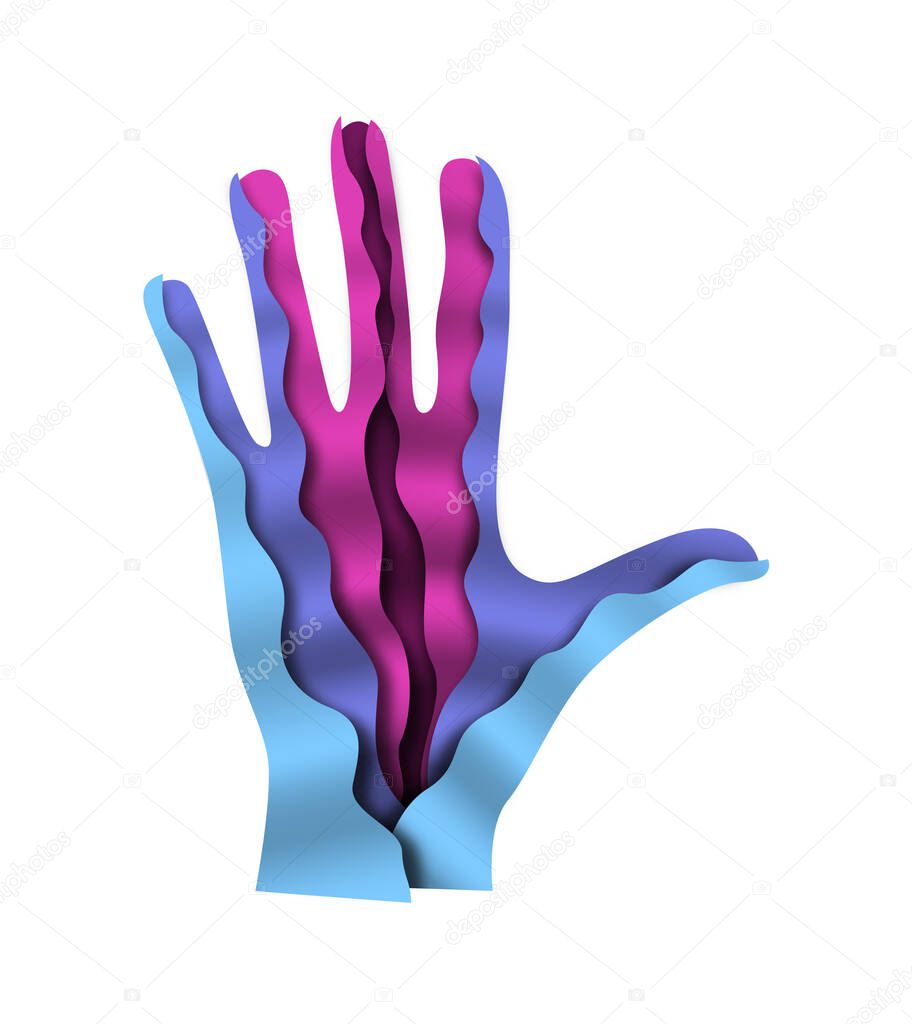 Realistic paper cut human hand in modern 3d papercut style. Isolated concept for social help or communicaction idea.