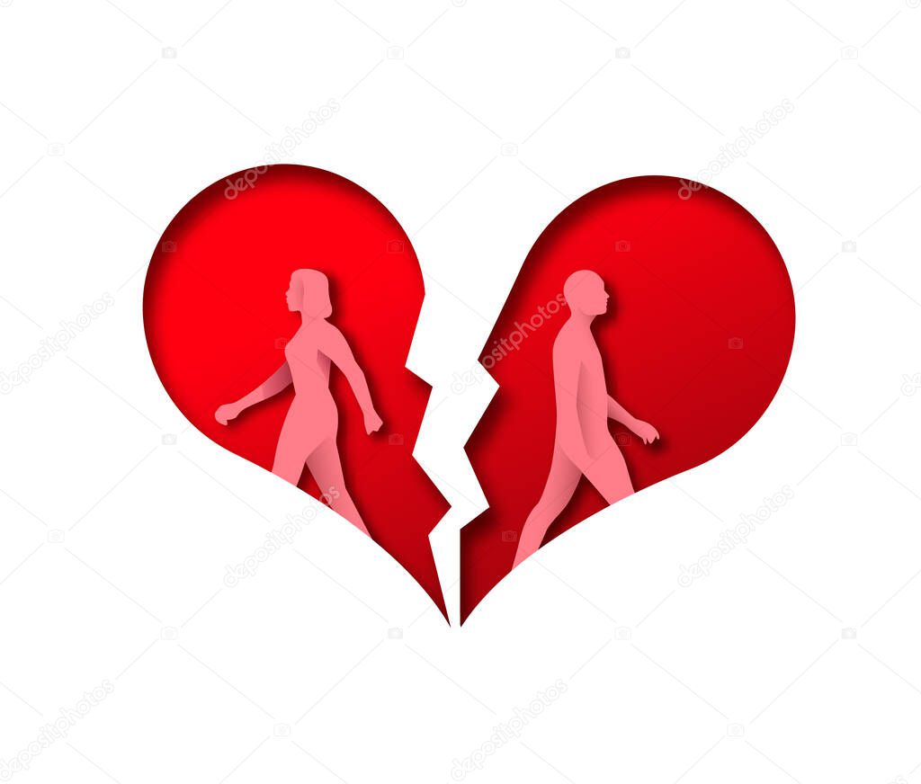 Man and woman couple breaking up. 3D paper cut illustration of people walking away inside broken heart. Separation concept, relationship end or marriage therapy idea on isolated white background.