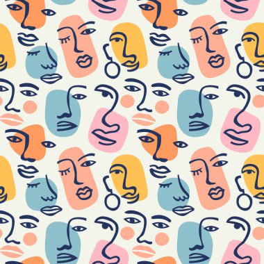 Kadın kusursuz bir desen çizimi ile karşı karşıya. Çeşitli kadın yüzleri soyut sanat tarzında, güzel kadın yüz hatlarının sürekli karalamaları. Moda düz çizgi film arkaplanı.