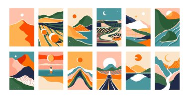 Büyük bir set soyut dağ manzarası afiş koleksiyonu. Değişik klasik seyahat manzaralarının modaya uygun düz kolaj sanat arkaplanı. Doğa ortamı, sahil biyoloğu, çok renkli tepeler, çöl tepeleri..