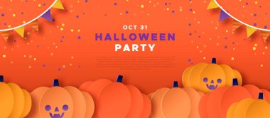 Cadılar Bayramı parti şablonu, şirin kağıt kesimi balkabağı tarlası çocukların kutlaması için gülen yüzler ya da mutlu online etkinlik. Sonbahar sezonu tatil davetiyesi tasarımı.