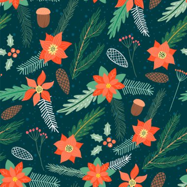 Kusursuz Noel deseni çizimi, düz çizgi film tarzında geleneksel tatil doğa dekorasyonu. Klasik kış süsleri ve çiçek elementleri.