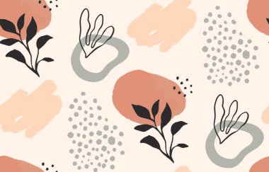 Soyut doğa, tropikal bitki yaprağı ve suluboya karalamalarıyla yumuşak toprak renklerinde kusursuz desenler oluşturur. Minimalist el çizimi arka plan, duvar kağıdı veya moda baskı dokusu.