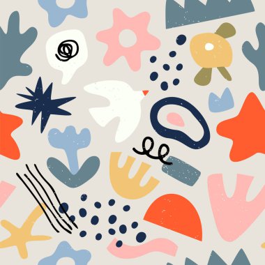 Soyut organik şekilsiz desen, modaya uygun modern sanat tarzında rastgele düz çizgi film karalamaları. Kuş, çiçekler ve çocuksu karalama geçmişi. Tekstil, baskı veya moda için.