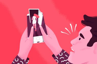 Endişeli bir adam telefon ekranında kaçan bir kadına bakıyor. Online randevu reddedilmesi, hayalet konsepti. İlişkiyi mesaj yoluyla terk eden kız ayrıl ya da uygulama hatası.