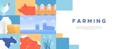Çiftçilik endüstrisi web şablonu çizimi. Kırsal iş ve gıda üretimi için tarım ve çiftlik hayvanı ürünleri kavramı. Süt ürünleri, inek, domuz, tavuk, kır manzarası.