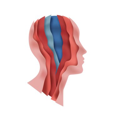 Kağıt kesiği, beyaz arka planda kafa çizimi. Psikoloji terapisi, yaratıcı akıl ya da sosyal iş konsepti için katmanlı üç boyutlu kağıt kesim dalgaları olan renkli uniseksüellerin yüz profili. 