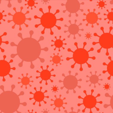 Basit koronavirüs simgesi tehlikeli kırmızı renkte kusursuz desen. Modern düz çizim tarzında Covid-19 salgın arka plan kavramı.