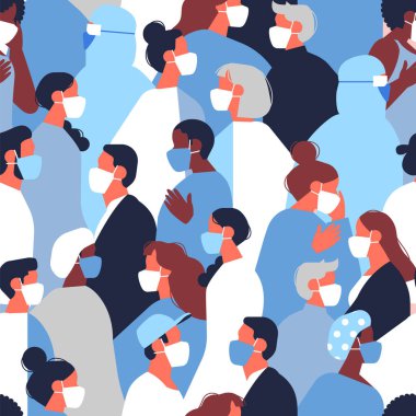 Korona virüsü salgını koruması için yüz maskesi takan farklı insanların, hemşirelerin, doktor işçilerin kusursuz desenleri. Sağlıklı ve hasta grup geçmişi, modern tıbbi konsept duvar kağıdı..
