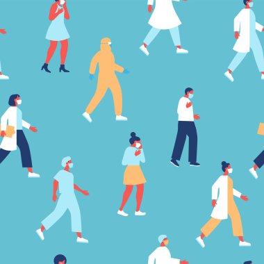 Korona virüsü salgını koruması için yüz maskesi takan farklı insanların, hemşirelerin, doktor işçilerin kusursuz desenleri. Sağlıklı ve hasta grup geçmişi, covid-19 tıbbi konsept duvar kağıdı.
