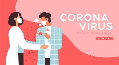 Kadın doktor, erkek hastayı tedavi ediyor. Yeni koronavirüs hastalığı kapmış. Yüz maskesi takıyor. Sağlık koruma veya tıbbi web geçmişi için Covid-19 hastalık konsepti çizimi.