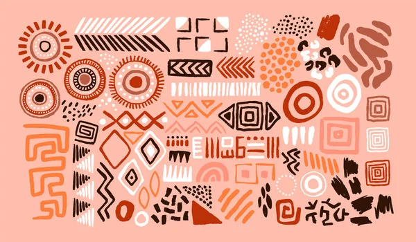 Soyut Afrika sanat eserleri koleksiyonu, kabile karalama dekorasyonu seti. Rastgele etnik şekiller, hayvan baskısı dokusu ve geleneksel el çizimi simgeleri.