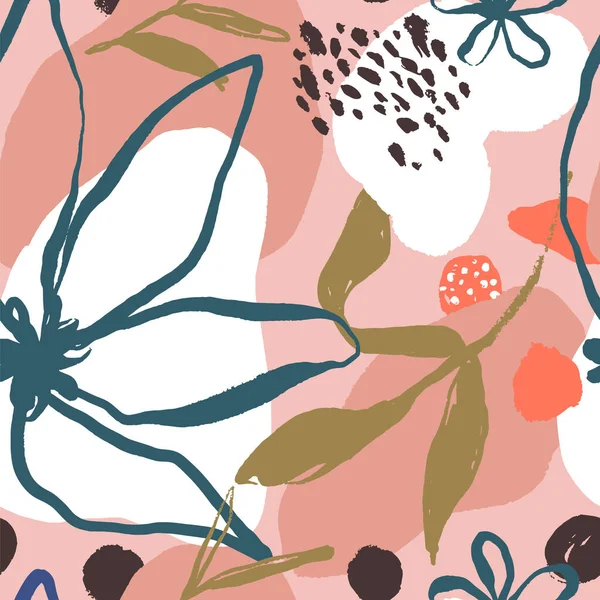 Abstract floral art seamless pattern with pink organic shape decoration in hand drawn style. Freehand ink brush doodle background for women fashion print, trendy summer wallpaper or nature design.