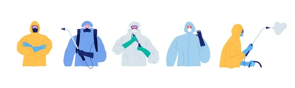 不同的保健工作者穿着危险垫套装 在孤立的白色背景下开展不同的疾病预防活动 突发疫情时的平面卡通人物收集清理 — 图库矢量图片