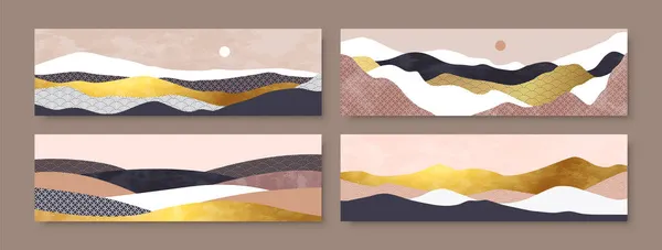 Abstract Mountain Landscape Illustration Set Luxury Gold Foil Graphic Collection — Stock Vector