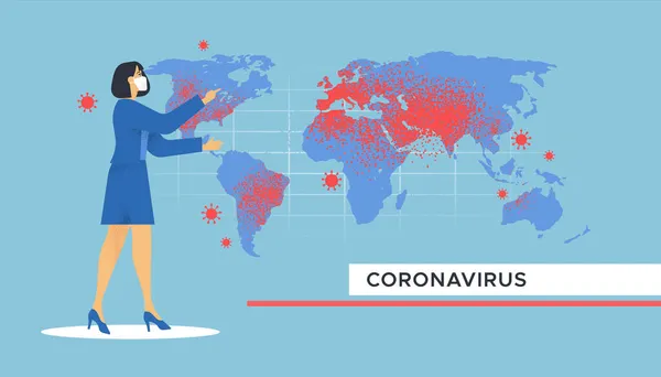 Novel Coronavirus Berita Ilustrasi Dengan Reporter Wanita Bertopeng Yang Menunjukkan - Stok Vektor