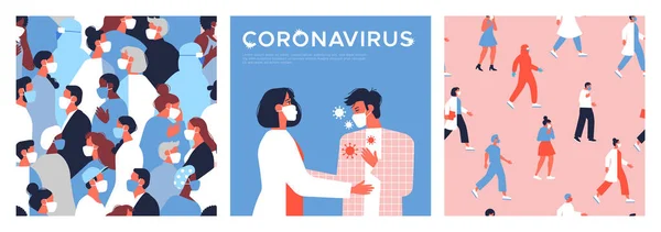 Set Wabah Virus Korona Ilustrasi Mengalihkan Orang Orang Dan Pekerja - Stok Vektor