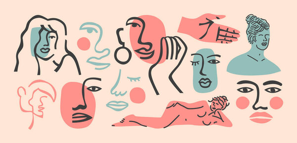 Set of trendy women doodle on isolated white background. Big abstract girl face collection, female body studies in freehand matisse art style. Includes continuous line drawing, classic statue bundle. — Stock Illustration Set Trendy Women Doodle Isolated White Background Big Abstract Girl — Stock Vector